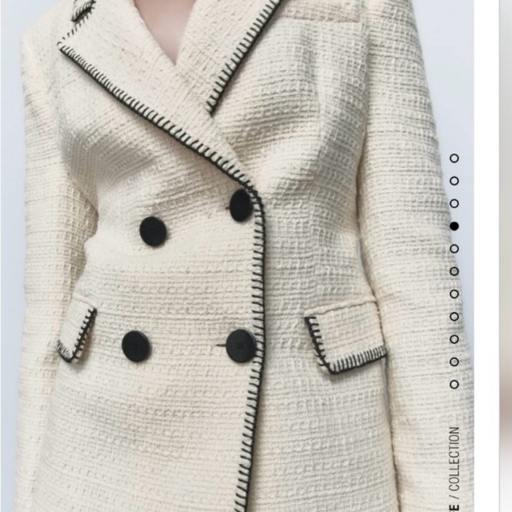 NWT…..ZARA Ecru Tweed and Black Topstitch Double Breasted Jacket - Picture 2 of 9